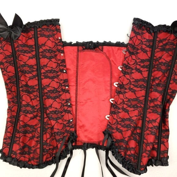 Red Black Corset Floral Lace Bows Boudoir Burlesque Lingerie Plus Size 5XL - Picture 6 of 12